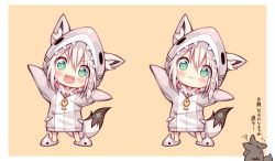Rule 34 | + +, 1girl, :3, :d, alternate costume, animal costume, animal ear fluff, animal ears, animal hood, animal slippers, aqua eyes, artist name, artist self-insert, blush, braid, chibi, commentary, earrings, fangs, fox ears, fox tail, full body, hand on own chin, head tilt, hololive, hood, jewelry, looking at viewer, maneater (game), multiple views, open mouth, pink background, shark costume, shark hood, shirakami fubuki, side braid, silver hair, simple background, slippers, smile, sparkling eyes, squiggle, standing, sukemyon, sweatdrop, tail, translated, virtual youtuber