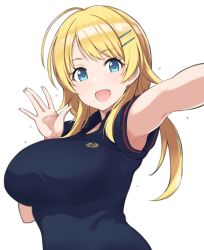 Rule 34 | 1girl, ahoge, armpits, blonde hair, blue eyes, blue shirt, breasts, commentary request, hachimiya meguru, hair ornament, hairclip, idolmaster, idolmaster shiny colors, large breasts, long hair, low twintails, mitsukazu (nijigen complex), open mouth, polo shirt, shirt, simple background, smile, solo, twintails, white background