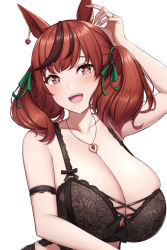 Rule 34 | aged up, animal ears, arm strap, black bra, blush, bra, breasts, brown hair, cleavage, green ribbon, hair ribbon, heart, heart-shaped pupils, heart necklace, highres, horse ears, horse girl, huge breasts, jewelry, kannko bokujou, lace, lace-trimmed bra, lace trim, multicolored hair, necklace, nice nature (umamusume), open mouth, red hair, ribbon, smile, solo, streaked hair, symbol-shaped pupils, teeth, two-tone hair, umamusume, underwear, upper body, upper teeth only, yellow eyes