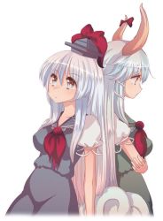 Rule 34 | 2girls, back-to-back, bad id, bad pixiv id, blue dress, breasts, cream (nipakupa), crossed arms, dress, dual persona, ex-keine, female focus, green dress, grey eyes, hat, horn ornament, horn ribbon, horns, kamishirasawa keine, large breasts, long hair, multiple girls, neckerchief, puffy sleeves, ribbon, short sleeves, silver hair, simple background, touhou, white background