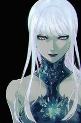 Rule 34 | 1girl, bare shoulders, black background, black bodysuit, blunt bangs, bodysuit, collarbone, collared bodysuit, colored skin, commentary request, expressionless, final fantasy, final fantasy xiv, grey skin, looking at viewer, morumoru (kuromrmr), omega-f, omega (final fantasy), pink eyes, purple lips, sidelocks, simple background, solo, straight-on, straight hair, upper body, white hair