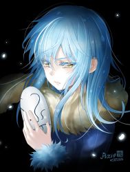 Rule 34 | 1other, black background, blue coat, blue hair, coat, crying, crying with eyes open, eyelashes, floating hair, friedric88, fur-trimmed sleeves, fur trim, hair between eyes, holding, holding mask, long hair, long sleeves, mask, parted lips, rimuru tempest, scarf, solo, straight hair, tears, tensei shitara slime datta ken, upper body, yellow eyes