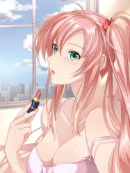 Rule 34 | 1girl, ahoge, bare arms, blue sky, breasts, camisole, cityscape, cleavage, cloud, collarbone, cosmetics, day, fingernails, green eyes, hair ribbon, holding lipstick, indoors, kurose nao, large breasts, lips, lipstick, lipstick tube, long hair, makeup, nail polish, one side up, original, parted lips, pink hair, pink lips, pink nails, red lips, red ribbon, ribbon, shirt, side ponytail, sidelocks, sky, sleeveless, sleeveless shirt, solo, upper body, window