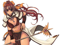 Rule 34 | 1girl, breasts, cleavage, covered erect nipples, large breasts, mage (ragnarok online), midriff, mil (xration), pelvic curtain, ragnarok online, smile, solo, staff