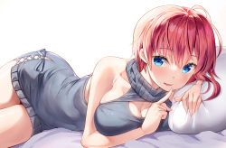 Rule 34 | 1girl, bare arms, bare shoulders, blue eyes, breasts, cleavage cutout, clothing cutout, collarbone, fujima takuya, go-toubun no hanayome, grey sweater, index finger raised, large breasts, looking at viewer, lying, nakano ichika, on side, open mouth, pillow, red hair, simple background, sleeveless, sleeveless sweater, smile, solo, sweater, thighs, turtleneck, turtleneck sweater, white background