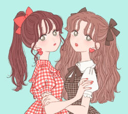 Rule 34 | 2girls, aqua background, black bow, black ribbon, blue background, blush, bow, bowtie, bright pupils, brown bow, brown bowtie, brown dress, brown eyes, brown hair, brown ribbon, collared dress, collared shirt, dress, earrings, frills, from side, gingham, hair bow, hair ribbon, hand on another&#039;s arm, heart, heart earrings, jewelry, lipstick, long hair, looking at viewer, looking to the side, makeup, multiple girls, nail polish, neck ribbon, original, parted lips, pinafore dress, plaid, plaid dress, ponytail, puffy short sleeves, puffy sleeves, red bow, red dress, red lips, red nails, ribbon, rikuwo, shirt, short sleeves, simple background, sleeveless, sleeveless dress, upper body, wavy hair, white pupils, white shirt, yuri