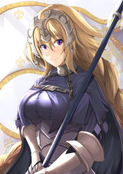 Rule 34 | 1girl, armor, blonde hair, blue eyes, blush, braid, breasts, closed mouth, fate/grand order, fate (series), flag, highres, holding, holding flag, jeanne d&#039;arc (fate), jeanne d&#039;arc (ruler) (fate), kanzaki kureha, large breasts, long hair, looking at viewer, smile, solo, upper body