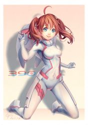 Rule 34 | 10s, 1girl, ahoge, artist name, bodysuit, breasts, closed mouth, covered navel, darling in the franxx, dated, green eyes, highres, kneeling, looking at viewer, medium breasts, miku (darling in the franxx), red hair, sakumichi, short hair, smile, solo, twintails, white bodysuit