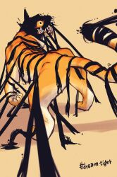 Rule 34 | animal focus, character name, claws, colored sclera, commentary, constricted pupils, dream tiger (govy9807), from behind, higashikeisuke9, highres, liquid, monster, no humans, open mouth, original, sharp teeth, simple background, solo, teeth, tiger, yellow background, yellow eyes, yellow sclera