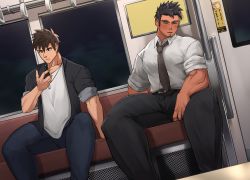 Rule 34 | 2boys, bara, bellsaltr, belt, biceps, blush, brown eyes, brown hair, cellphone, collared shirt, couch, facial hair, hand on back, hand on thigh, highres, jacket, jewelry, long sideburns, male focus, multiple boys, necklace, necktie, night, night sky, open clothes, open jacket, original, pants, pectorals, phone, ring, saliva, saliva trail, shirt, short sleeves, sideburns, sitting, sky, sleeping, solo, spread legs, stubble, t-shirt, tan, thick arms, thick eyebrows, thick thighs, thighs, tight clothes, train, train interior