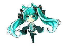 Rule 34 | 1girl, ahoge, animal ears, aqua eyes, aqua hair, bad id, bad pixiv id, cat ears, chibi, detached sleeves, full body, hair ribbon, hatsune miku, kenneos, leg lift, long hair, necktie, ribbon, simple background, skirt, sleeves past wrists, smile, solo, thighhighs, transparent background, twintails, very long hair, vocaloid, white background