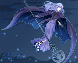 Rule 34 | 00s, 1girl, blue eyes, blue hair, cape, medea (fate), dress, fate/stay night, fate (series), flying, high heels, long dress, matching hair/eyes, night, pointy ears, purple hair, shoes, solo, sparkle, staff