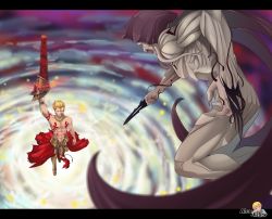 Rule 34 | 2boys, alex kellar, alien, battle, black cape, blonde hair, cape, character request, colored skin, commentary, commission, crossover, ea (fate/stay night), earrings, english commentary, fate/grand order, fate/stay night, fate (series), fighting, fingernails, gilgamesh (fate), gorr the god butcher, highres, holding, holding sword, holding weapon, jewelry, long fingernails, male focus, marvel, multiple boys, necklace, red eyes, topless male, spiked hair, sword, tattoo, toned, weapon, white skin
