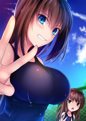Rule 34 | 2girls, :&lt;, akeyama kitsune, aozaki aoko, blue eyes, blue sky, blush, breast envy, breasts, chain-link fence, cloud, day, fence, kuonji alice, large breasts, looking at viewer, mahou tsukai no yoru, multiple girls, school swimsuit, sky, smile, swimsuit, triangle mouth, v, wet
