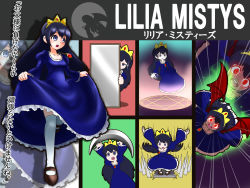 Rule 34 | 1girl, black hair, blue eyes, blue hair, blush, character name, collarbone, demon wings, dress, flying, glowing, glowing eyes, highres, jewelry, lilia mistys, long hair, looking at viewer, magic circle, matching hair/eyes, mirror, moonlight labyrinth, nintendo, open mouth, outline, parody, pendant, red eyes, shan grila, sidelocks, silhouette, solo, sparkle, spikes, super smash bros., symbol, tiara, wings, zoom layer