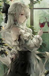 Rule 34 | 1girl, a maru, absurdres, artist name, black bow, bow, cup, detached collar, drinking glass, earrings, hair bow, high-waist skirt, highres, holding, holding cup, holding knife, jewelry, knife, knife behind back, off-shoulder shirt, off shoulder, original, plant, puffy sleeves, rain, red eyes, shirt, skirt, solo focus, white hair, window, wine glass