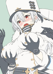 Rule 34 | 1girl, azur lane, black gloves, blush, breasts, buttons, chapayev (azur lane), coat, coat dress, double-breasted, from below, fur-trimmed coat, fur trim, gloves, grabbing, grabbing another&#039;s breast, hair between eyes, hat, high collar, highres, large breasts, military hat, mole, mole under eye, morimoto kiyona, open mouth, out of frame, red eyes, silver hair, sovetskaya rossiya (azur lane), sweat, white coat