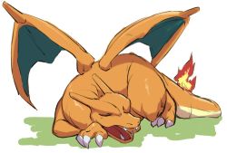 Rule 34 | charizard, claws, creatures (company), closed eyes, fangs, fire, fire, flame-tipped tail, game freak, gen 1 pokemon, lying, morio (poke orio), nintendo, no humans, on stomach, open mouth, pokemon, pokemon (creature), sleeping, solo, tongue