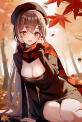 Rule 34 | 1girl, autumn, autumn leaves, breasts, brown hair, cleavage, hat, highres, holocouncil, hololive, hololive english, long hair, long sleeves, looking at viewer, medium breasts, nanashi mumei, open mouth, shirase rin, smile, solo, virtual youtuber