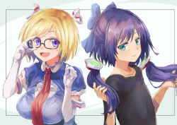 Rule 34 | a-chan (hololive), adjusting eyewear, aki rosenthal, aki rosenthal (1st costume), alternate hair length, alternate hairstyle, aqua eyes, bespectacled, black shirt, blonde hair, blue vest, bow, breasts, closed mouth, collared shirt, commentary, cosplay, costume switch, detached hair, elbow gloves, flat chest, glasses, gloves, green background, hair bow, highres, holding, holding own hair, hololive, long hair, looking at viewer, medium breasts, necktie, no eyewear, open mouth, purple eyes, purple hair, red neckwear, shirt, short hair, simple background, smile, t-shirt, twintails, upper body, vest, virtual youtuber, white gloves, white shirt, wing collar, yohane