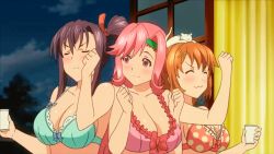 Rule 34 | amaya haruko, animated, animated gif, celia ootsuka, dancing, kushiya inaho, maken-ki!, orange hair, pink hair, purple hair, takami akio