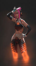 Rule 34 | 1girl, amd, bandaid, bandaid on face, bandaid on nose, breasts, detached sleeves, gloves, glowing, gradient background, graphics card, gui guimaraes, hand on own hip, headphones, hot, lips, midriff, navel, pink eyes, pink hair, radeon, short hair, small breasts, solo, sweat, wading, white gloves