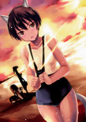 Rule 34 | 1girl, :o, animal ears, bad id, blush, brown eyes, brown hair, censored, clothes pull, convenient censoring, dutch angle, gun, kyogoku shin, light rays, looking at viewer, one-piece swimsuit, one-piece swimsuit pull, short hair, solo, strike witches, strike witches zero, striker unit, sunbeam, sunlight, sunset, swimsuit, tail, tan, tanline, thigh gap, thighs, wakamoto tetsuko, weapon, wet, world witches series