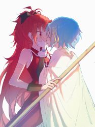 Rule 34 | 2girls, ahoge, bare shoulders, blue hair, cape, closed eyes, detached sleeves, dress, fortissimo, from side, gloves, hair ornament, hand on another&#039;s cheek, hand on another&#039;s face, highres, kiss, long hair, magical girl, mahou shoujo madoka magica, mahou shoujo madoka magica (anime), mahou shoujo madoka magica movie 1 &amp; 2, miki sayaka, multiple girls, musical note, musical note hair ornament, noria hpna, polearm, red dress, red eyes, red hair, ribbon, sakura kyoko, short hair, weapon, white background, white cape, white gloves, yuri