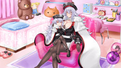 Rule 34 | 2girls, aged down, alarm clock, azur lane, balloon, bed, bed sheet, bedroom, black footwear, black gloves, book, breasts, cape, chair, cleavage, clock, collarbone, commentary request, couch, crayon, cross, crossed legs, desk, drawing (object), eyes visible through hair, fur cape, fur trim, gloves, graf zeppelin (azur lane), hair between eyes, hat, high heels, highres, iron cross, large breasts, long hair, long sleeves, looking at viewer, mother and daughter, multiple girls, origami, pantyhose, paper boat, parted lips, peaked cap, pen, pencil, pillow, pleated skirt, red eyes, sidelocks, silver hair, sitting, sitting on lap, sitting on person, skirt, slippers, stuffed animal, stuffed toy, teddy bear, white skirt, yon senpai, z35 (azur lane), z36 (azur lane), zeppy (azur lane)