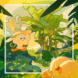 Rule 34 | :d, absurdres, bag, banana tree, blue bag, blue eyes, blush, blush stickers, brown hat, bug, bush, day, elfilin, flock, glef life, grass, green sky, hand up, hat, highres, horns, horns through headwear, kirby, kirby (series), moss, mountain, nintendo, no humans, notched ear, one eye closed, open mouth, outdoors, palm tree, plant, rock, silhouette, sky, smile, standing, star (symbol), straw hat, sun hat, taranza, tree, water, yellow horns