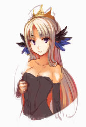 Rule 34 | 1girl, bare shoulders, breasts, cleavage, collarbone, crown, detached sleeves, dress, feather hair ornament, feathers, female focus, gwendolyn (odin sphere), feather hair ornament, long hair, medium breasts, non-web source, odin sphere, purple eyes, silver hair, sketch, smile, softmode, solo, strapless, strapless dress, valkyrie, very long hair