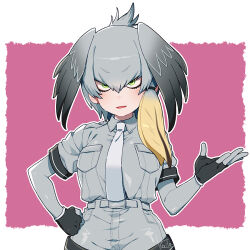 1girl bad_id bad_twitter_id belt black_gloves blonde_hair blush bodystocking breast_pocket breasts clenched_hand collared_shirt eyelashes fingerless_gloves gloves gradient_hair green_eyes grey_hair grey_shirt grey_shorts hair_between_eyes hand_on_own_hip hand_up head_wings kemono_friends kiri_futoshi multicolored_hair necktie open_mouth outside_border pink_background pocket shirt shoebill_(kemono_friends) short_hair short_sleeves shorts sidelocks signature small_breasts solo square-end_necktie streaked_hair topknot upper_body white_necktie wings