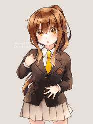Rule 34 | 1girl, absurdres, alternate costume, amot 211, black jacket, blazer, blush, brown eyes, brown hair, commentary request, fumizuki (kancolle), grey background, hair between eyes, highres, jacket, kantai collection, long hair, long sleeves, necktie, parted lips, pleated skirt, ponytail, sidelocks, simple background, skirt, solo, twitter username, very long hair, yellow necktie