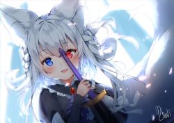 Rule 34 | 1girl, :d, animal ear fluff, animal ears, black dress, blue eyes, blurry, blurry background, blush, bow, cheli (kso1564), commentary request, depth of field, dress, dutch angle, hair between eyes, heterochromia, holding, holding sword, holding weapon, juliet sleeves, long hair, long sleeves, open mouth, original, puffy sleeves, red eyes, signature, silver hair, smile, solo, sword, tail, upper body, weapon, white bow