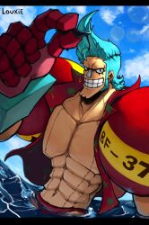 Rule 34 | 1boy, abs, absurdres, artist name, black eyes, blue hair, clenched teeth, cloud, cloudy sky, commentary, english commentary, franky (one piece), highres, holding, holding removed eyewear, long sideburns, louxie, male focus, on water, one piece, outdoors, short hair, sideburns, sky, smile, solo, spiked hair, teeth, unworn eyewear, water