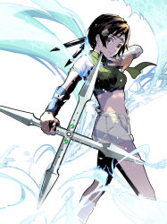 Rule 34 | 1girl, breasts, brown eyes, brown hair, cofffee, crop top, feet out of frame, final fantasy, final fantasy vii, final fantasy vii remake, fingerless gloves, gloves, green shirt, grey shorts, headband, holding shuriken, holding weapon, looking at viewer, materia, medium breasts, midriff, orange gloves, shirt, short hair, short shorts, shorts, shuriken, single bare shoulder, sleeveless, sleeveless turtleneck, smile, solo, turtleneck, white background, yuffie kisaragi