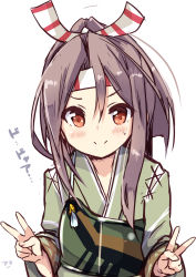 Rule 34 | 10s, 1girl, amano kouki, blush, brown eyes, brown hair, camouflage, double v, hachimaki, hair between eyes, hair ribbon, headband, high ponytail, highres, japanese clothes, kantai collection, light brown hair, long hair, looking at viewer, muneate, ponytail, ribbon, simple background, smile, solo, sweatdrop, v, white background, zuihou (kancolle)