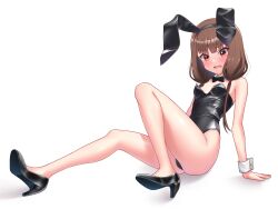 Rule 34 | 1girl, absurdres, animal ears, bare legs, black leotard, blunt bangs, bow, bowtie, breasts, brown hair, detached collar, full body, high heels, highres, iino miko, kaguya-sama wa kokurasetai ~tensai-tachi no renai zunousen~, leotard, long hair, low twintails, moriforests, oversized breast cup, playboy bunny, rabbit ears, red eyes, shoe soles, simple background, sitting, small breasts, solo, strapless, strapless leotard, twintails, white background, wrist cuffs