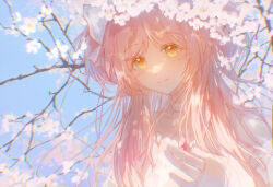 Rule 34 | 1girl, absurdres, blue sky, blush, branch, cha xinzi, cherry blossoms, choker, chromatic aberration, clear sky, closed mouth, colored eyelashes, dappled sunlight, day, dot nose, eyelashes, floating hair, flower, gloves, hair ribbon, hair strand, hand up, happy, highres, kaname madoka, limited palette, long hair, looking at viewer, mahou shoujo madoka magica, mahou shoujo madoka magica (anime), outdoors, pale color, parted bangs, pink flower, pink hair, pink theme, ribbon, shade, sidelighting, sidelocks, sky, smile, solo, spring (season), straight hair, sunlight, tareme, two side up, ultimate madoka, very long hair, white choker, white gloves, white ribbon, white theme, yellow eyes