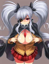 Rule 34 | 10s, 1girl, annoyed, between breasts, bow, breasts, cape, cleavage, clothes between breasts, eyepatch, grey background, hair bow, hair ornament, huge breasts, large breasts, long hair, looking at viewer, necktie, open clothes, open shirt, red eyes, school uniform, senran kagura, shirt, sidelocks, silver hair, simple background, skirt, solo, standing, thigh gap, twintails, yagyu (senran kagura), yapo (croquis side)