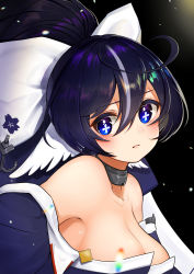 Rule 34 | + +, absurdres, ahoge, azur lane, bare shoulders, black choker, blue kimono, bow, breasts, choker, cleavage, from side, hair between eyes, hair bow, harapeco, highres, japanese clothes, kimono, looking to the side, multicolored hair, small breasts, solo, streaked hair, white bow, yoizuki (azur lane)