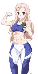 Rule 34 | 1girl, abs, absurdres, artist name, blonde hair, blue pants, blue sports bra, breasts, cellphone, choker, cleavage, closed mouth, commentary request, drill hair, flexing, girls und panzer, green eyes, groin, highres, holding, holding phone, long hair, looking at viewer, marie (girls und panzer), medium breasts, muscular, muscular female, navel, pants, phone, selfie, signature, simple background, smartphone, smile, solo, spandex, sports bra, standing, sweat, tavor (m tavor), thighs, white background, white choker, wristband