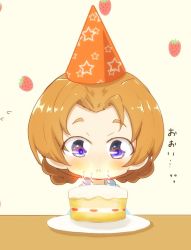 Rule 34 | 1girl, :&lt;, aged down, birthday cake, blue eyes, blue shirt, braid, cake, candle, closed mouth, commentary, food, girls und panzer, hat, jinguu (4839ms), looking at viewer, orange hair, orange pekoe (girls und panzer), parted bangs, party hat, plate, shirt, short hair, solo, star (symbol), star print, strawberry background, translation request, twin braids