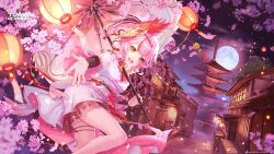 Rule 34 | 1girl, absurdres, architecture, artist request, bird mask, breasts, cherry blossoms, chinese clothes, cleavage, commentary request, dress, east asian architecture, flower, full moon, green eyes, highres, holding, holding umbrella, lan (tower of fantasy), lantern, long hair, long sleeves, looking at viewer, mask, mask on head, medium breasts, moon, multicolored hair, night, off shoulder, official art, oil-paper umbrella, open mouth, outdoors, outstretched arm, pagoda, paper lantern, petals, pink flower, pink hair, road, side ponytail, smile, solo, streaked hair, street, thighs, tower of fantasy, umbrella, white dress, wisteria