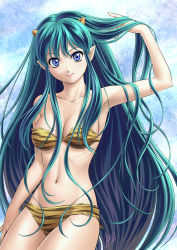 Rule 34 | 1girl, animal print, armpits, bare shoulders, bikini, blue eyes, breasts, cleavage, collarbone, cone horns, eye contact, female focus, green hair, highres, horns, large breasts, lipstick, long hair, looking at another, looking at viewer, lum, makeup, mcq, narrow waist, navel, oni, pointy ears, ribs, signature, skinny, solo, swimsuit, tiger print, urusei yatsura, very long hair