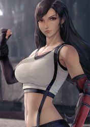 Rule 34 | 1girl, abs, arm up, bare shoulders, black hair, blurry, blurry background, breasts, building, clenched hand, earrings, eyebrows, final fantasy, final fantasy vii, final fantasy vii remake, gloves, jewelry, large breasts, lips, long hair, looking at viewer, midriff, navel, outdoors, red eyes, serious, shadow, skirt, solo, sports bra, square enix, stomach, sunlight, suspender skirt, suspenders, swept bangs, tank top, tifa lockhart, vambraces, very long hair, vincywp, wall
