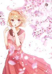 Rule 34 | 1girl, black sailor collar, blonde hair, blurry, blurry foreground, bow, cherry blossoms, collared shirt, floating hair, flower, hair between eyes, hair bow, hairband, highres, kagamine rin, long skirt, neck ribbon, open mouth, petals, pink bow, pink hairband, pink shirt, pink skirt, pleated skirt, ponta (poqpon), red eyes, ribbon, sailor collar, sailor shirt, shirt, signature, skirt, solo, spring (season), standing, vocaloid, white flower, white ribbon
