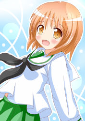 Rule 34 | 10s, 1girl, blouse, blush, breasts, brown eyes, brown hair, from side, girls und panzer, green skirt, highres, long sleeves, looking at viewer, neckerchief, nishizumi miho, ooarai school uniform, open mouth, pleated skirt, school uniform, serafuku, shirt, short hair, skirt, smile, standing, upper body, white shirt, xenon (for achieve)