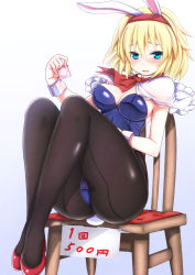 Rule 34 | 1girl, alice margatroid, alternate costume, animal ears, black pantyhose, blonde hair, blue eyes, blush, breasts, capelet, chair, cleavage, condom, condom wrapper, ebi 193, hairband, large breasts, leotard, looking at viewer, pantyhose, playboy bunny, prostitution, rabbit ears, rabbit tail, short hair, sitting, solo, tail, touhou, wrist cuffs