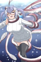 Rule 34 | 1girl, anchor hair ornament, blowhole, blue eyes, blue hair, blue whale (kemono friends), blush, breasts, cetacean tail, dorsal fin, fins, fish tail, giant squid, glasses, grey hair, hair ornament, japari symbol, kemono friends, large breasts, long hair, long sleeves, mukouyama mu, multicolored hair, open mouth, restrained, solo, sweater, tail, tentacle grab, tentacles, tentacles under clothes, turtleneck, underwater, whale girl